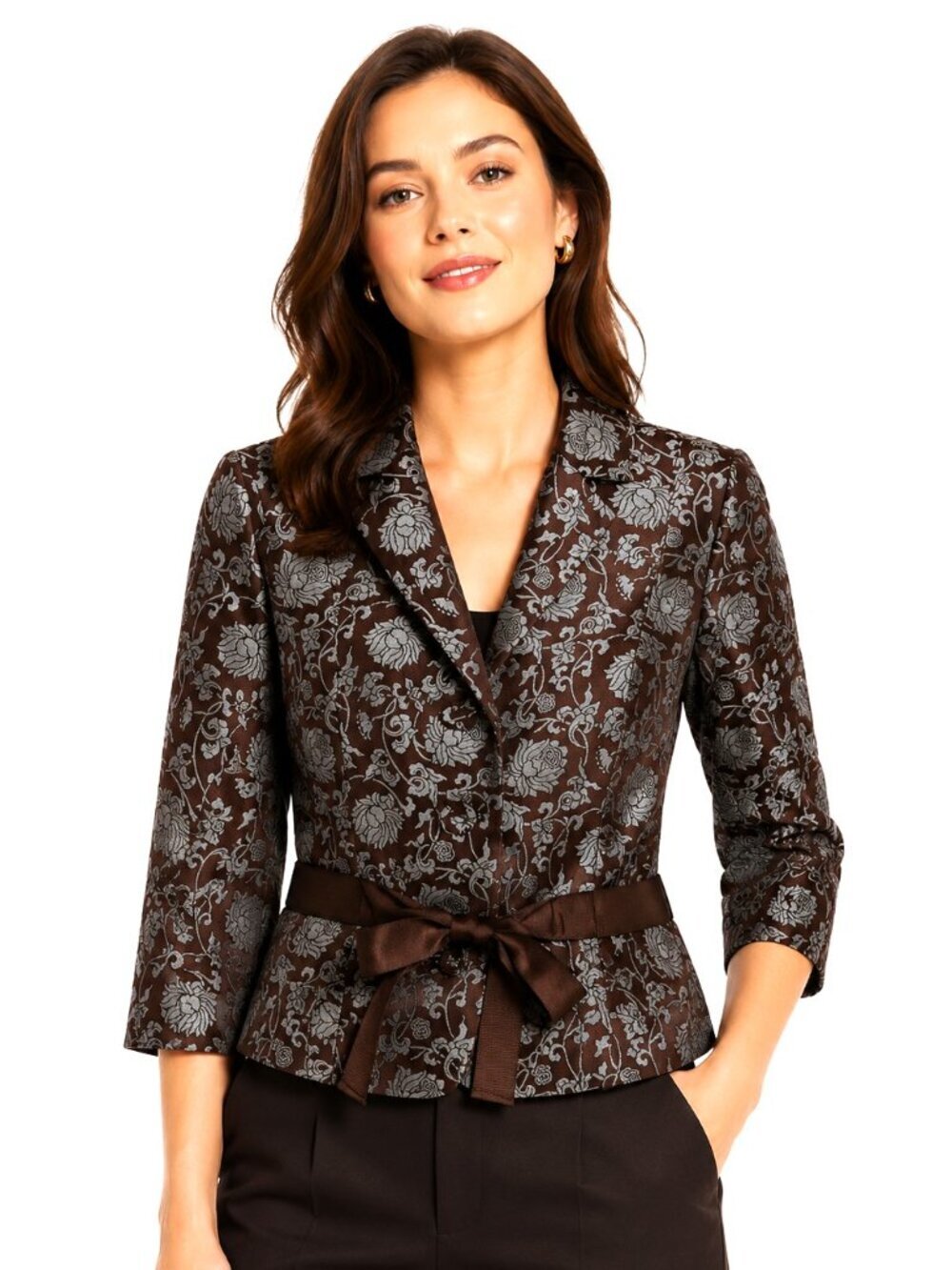 Zinc Brown Blue Floral Jacquard Tie Waist Blazer